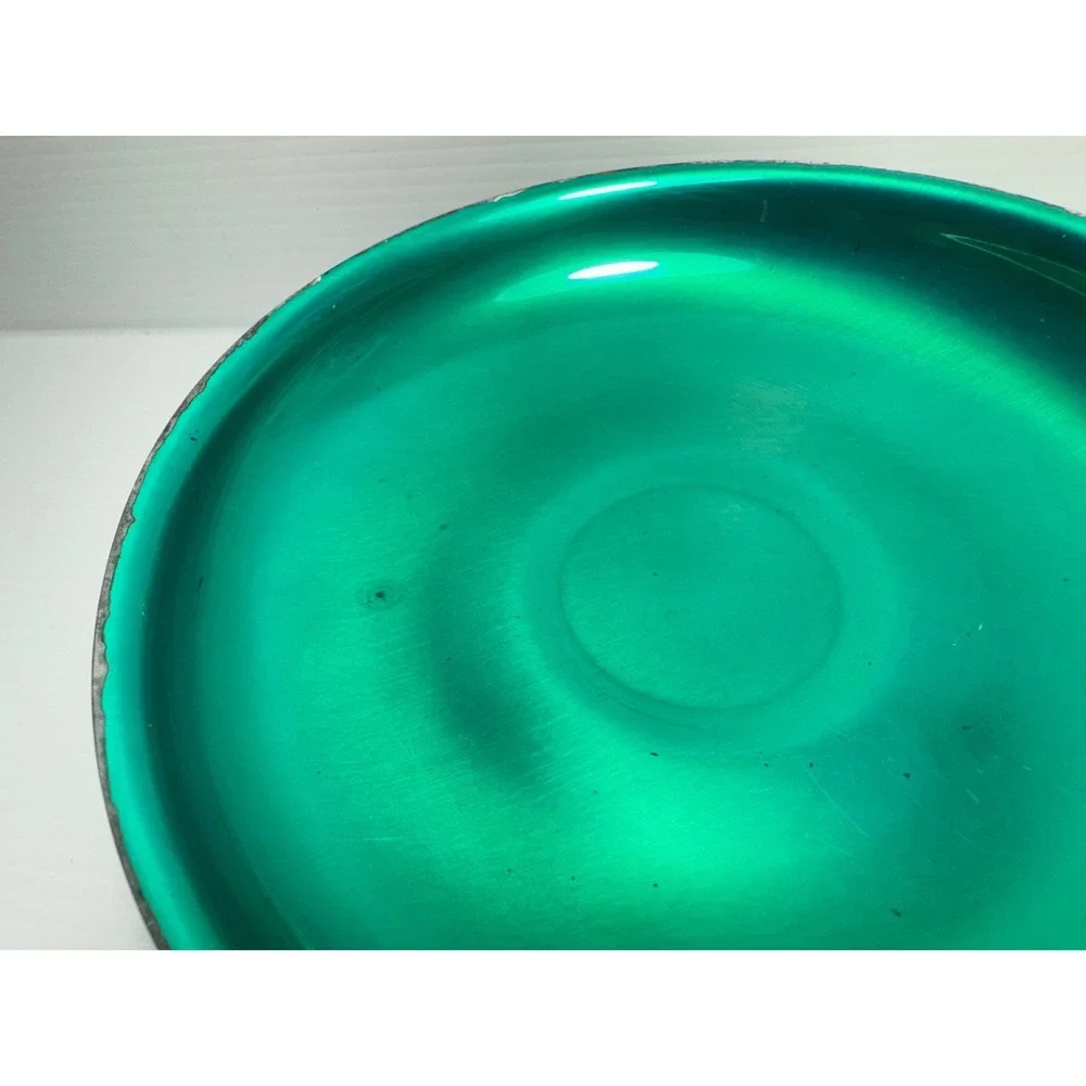 Vintage MCM Emerald Green Enamel Pedestal Bowl Silver Tone Metal Compote Dish